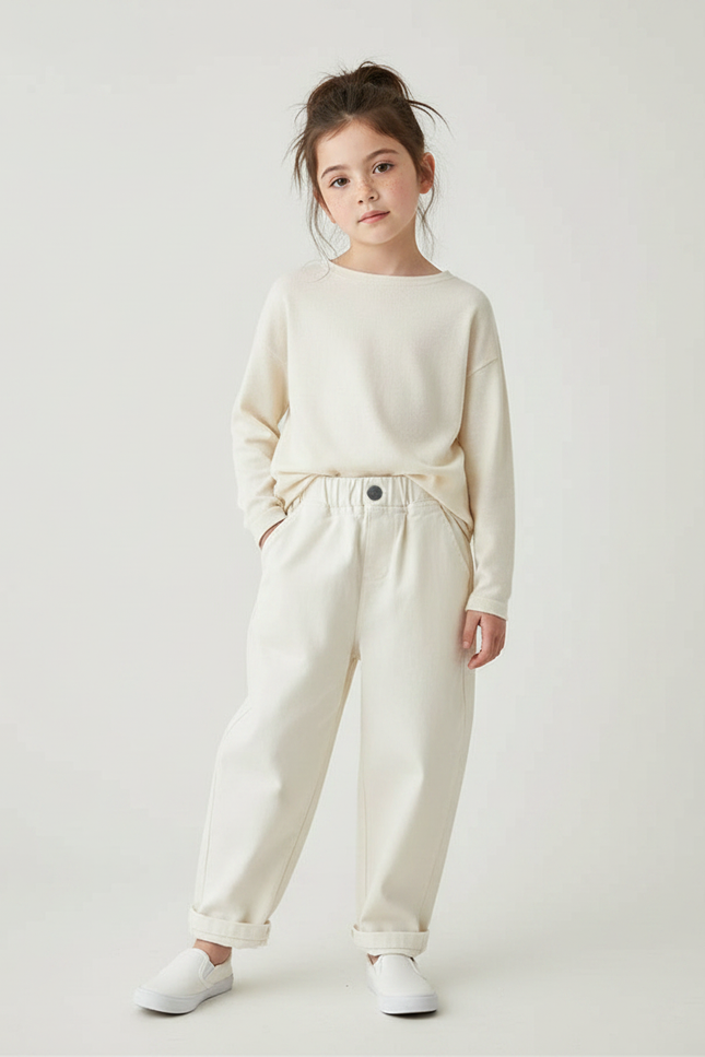 Pantalon Fluide Crème Ample Décontracté Enfant Coton - Beige Toile