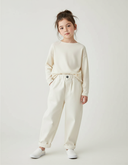Pantalon Fluide Crème Ample Décontracté Enfant Coton - Beige Toile