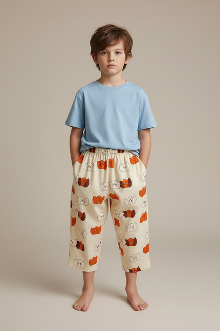 Pantalon Fluide Beige Imprimé Chiens Coton Décontracté Enfant