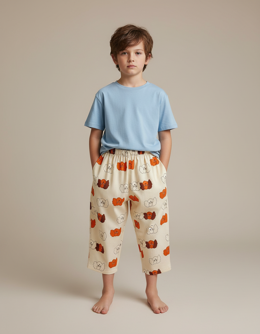 Pantalon Fluide Beige Imprimé Chiens Coton Décontracté Enfant