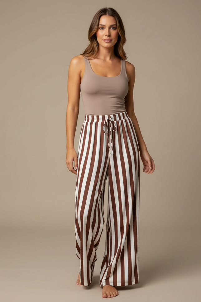 Pantalon Fluide Rayé Marron Ample Décontracté Cordon - Viscose