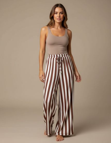 Pantalon Fluide Rayé Marron Ample Décontracté Cordon - Viscose