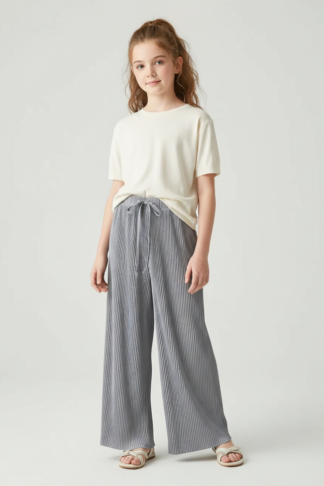 Pantalon Fluide Gris Plissé Ample Confortable Décontracté - Polyester