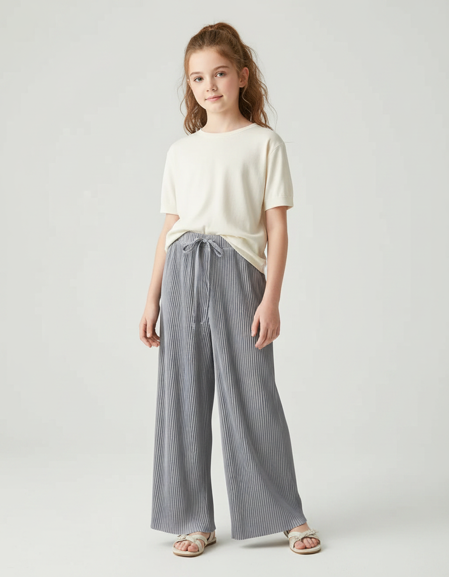 Pantalon Fluide Gris Plissé Ample Confortable Décontracté - Polyester