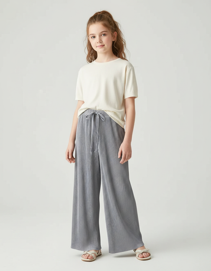 Pantalon Fluide Gris Plissé Ample Confortable Décontracté - Polyester