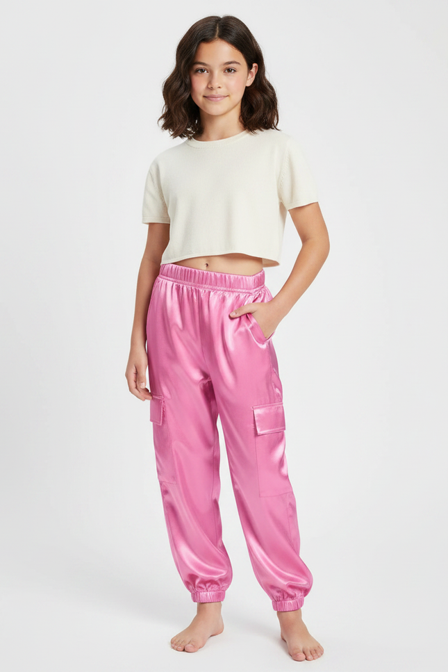 Pantalon Fluide Cargo Rose Satiné Brillant Fille