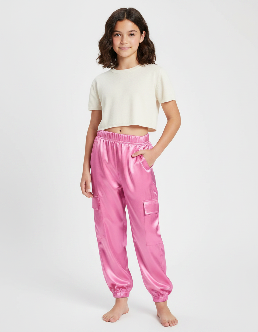 Pantalon Fluide Cargo Rose Satiné Brillant Fille