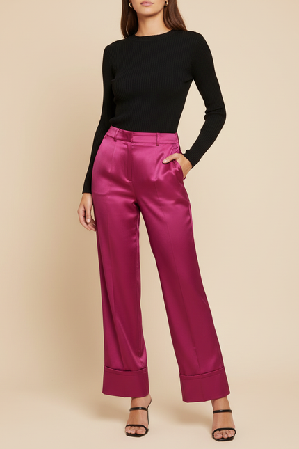 Pantalon Fluide Satiné Fuchsia Ample Élégant Femme - Rose