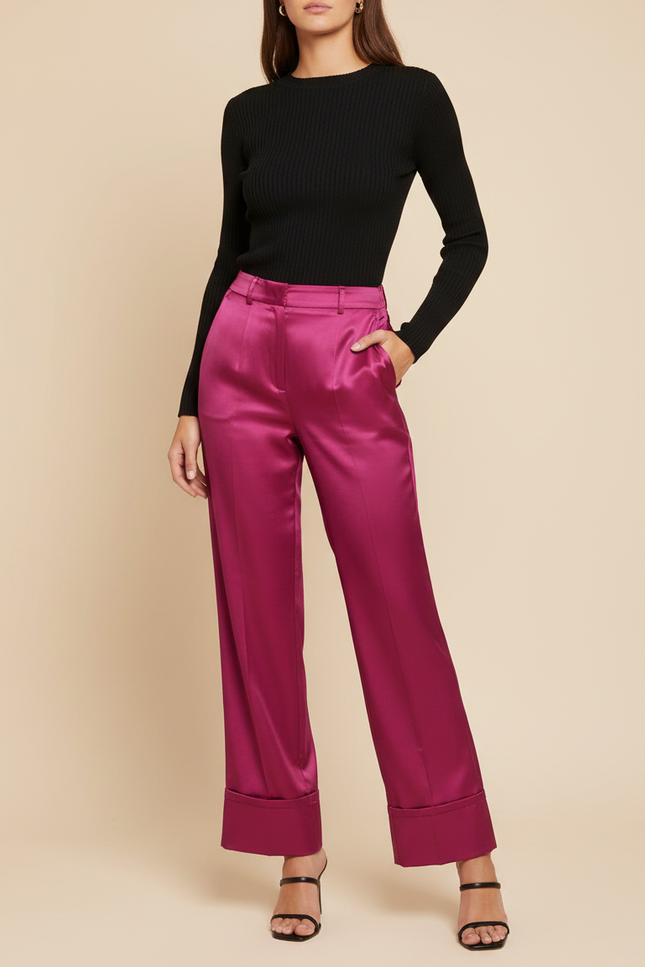 Pantalon Fluide Satiné Fuchsia Ample Élégant Femme - Rose