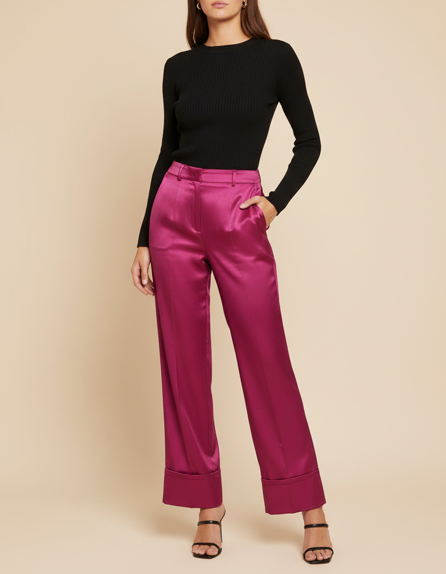 Pantalon Fluide Satiné Fuchsia Ample Élégant Femme - Rose