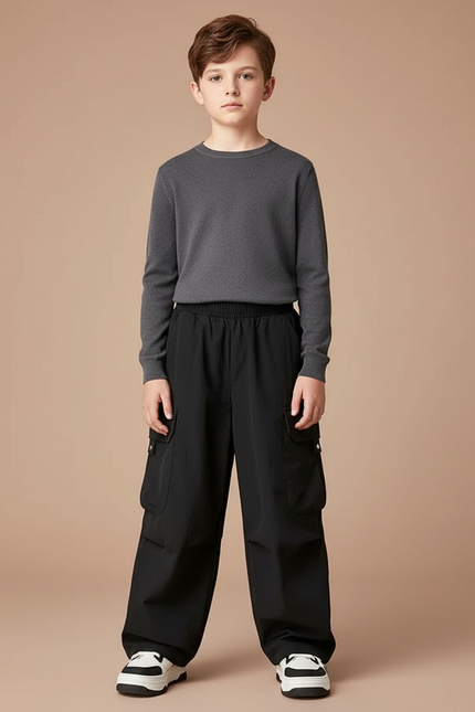 Pantalon Fluide Noir Cargo Ample Garçon Décontracté - Polyester