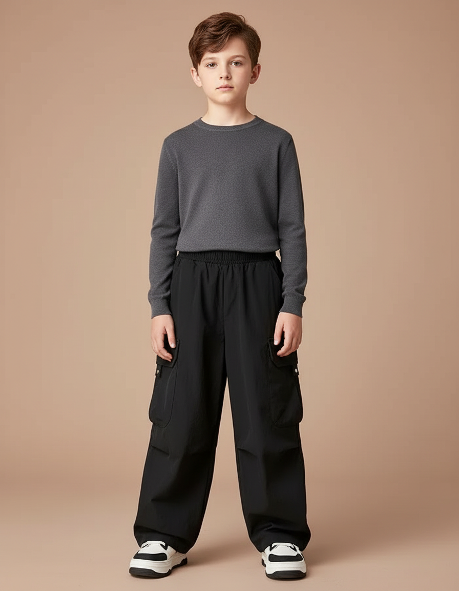 Pantalon Fluide Noir Cargo Ample Garçon Décontracté - Polyester