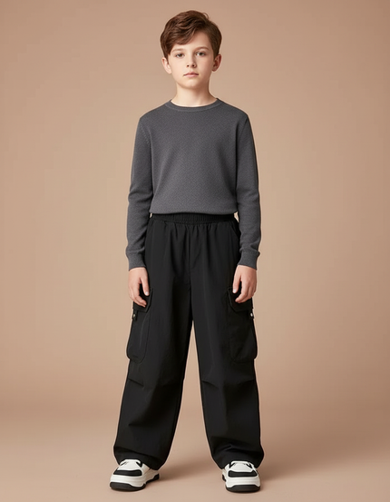 Pantalon Fluide Noir Cargo Ample Garçon Décontracté - Polyester