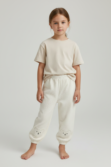 Pantalon Fluide Écru Coton Ample Brodé Oursons - Beige Maille