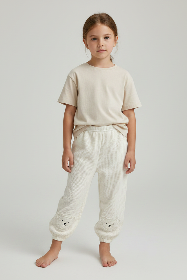 Pantalon Fluide Écru Coton Ample Brodé Oursons - Beige Maille