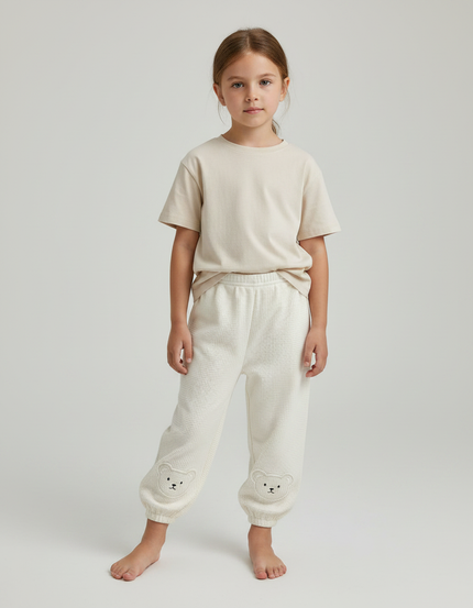 Pantalon Fluide Écru Coton Ample Brodé Oursons - Beige Maille