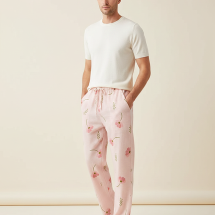 Pantalon Fluide Rose Fleuri Coton Plissé Décontracté