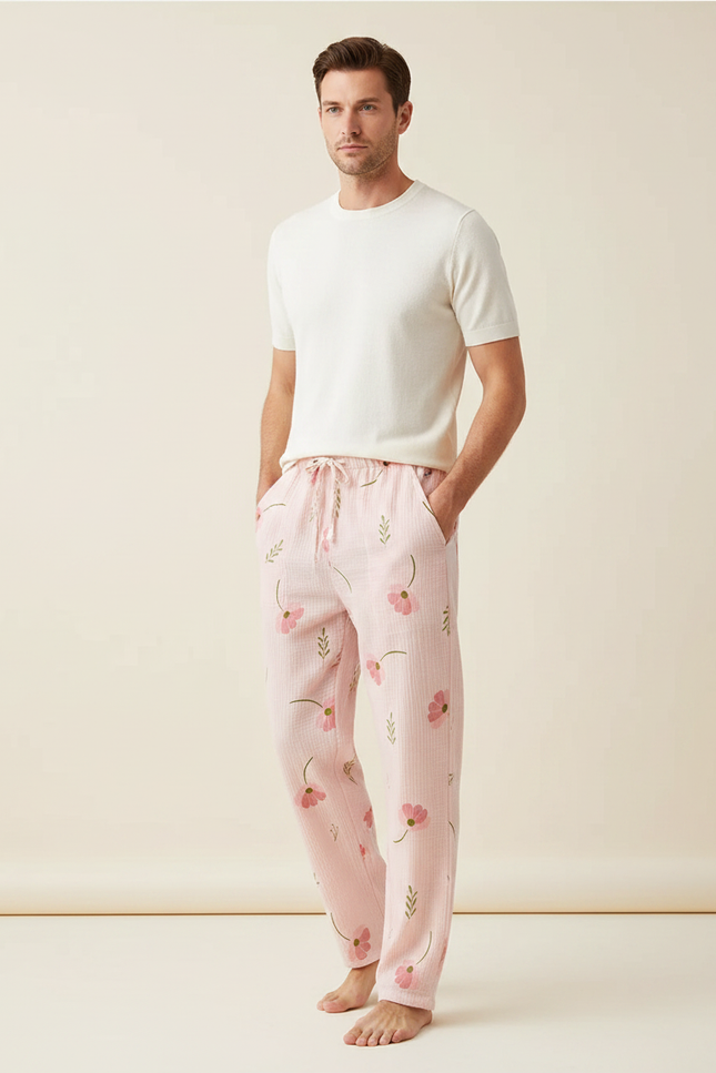 Pantalon Fluide Rose Fleuri Coton Plissé Décontracté