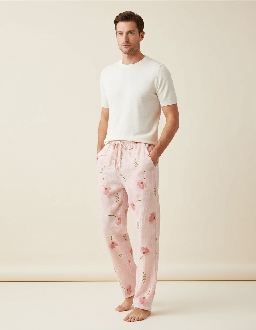 Pantalon Fluide Rose Fleuri Coton Plissé Décontracté