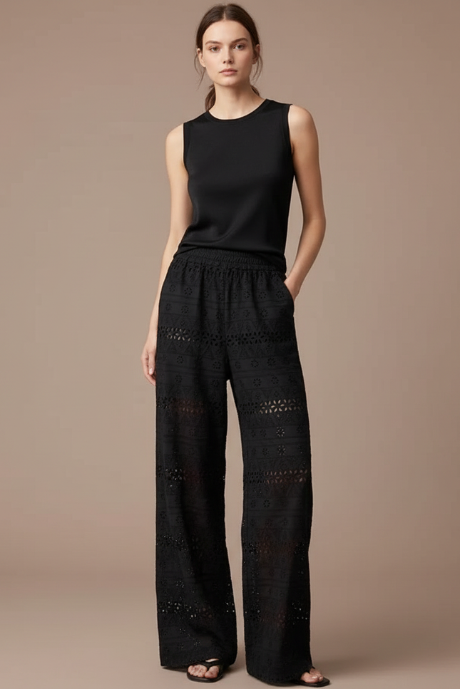 Pantalon Fluide Noir Brodé Ample Dentelle Bohème - Coton