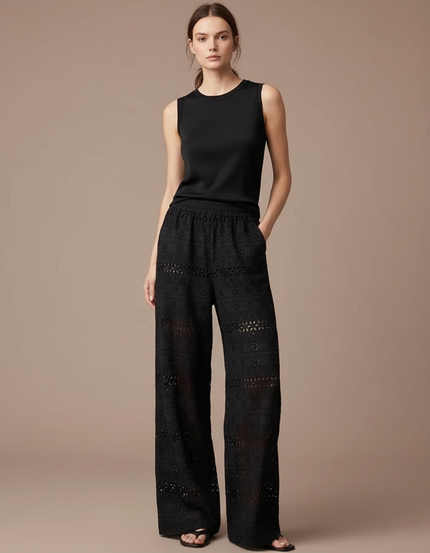Pantalon Fluide Noir Brodé Ample Dentelle Bohème - Coton
