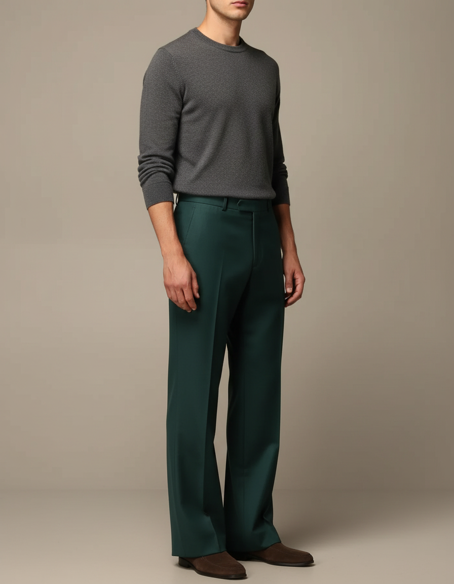 Pantalon Fluide Vert Émeraude Ample Droit Élégant Homme - Viscose