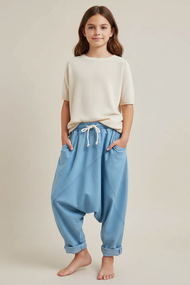 Pantalon Fluide Bleu Ciel Harem Coton Décontracté