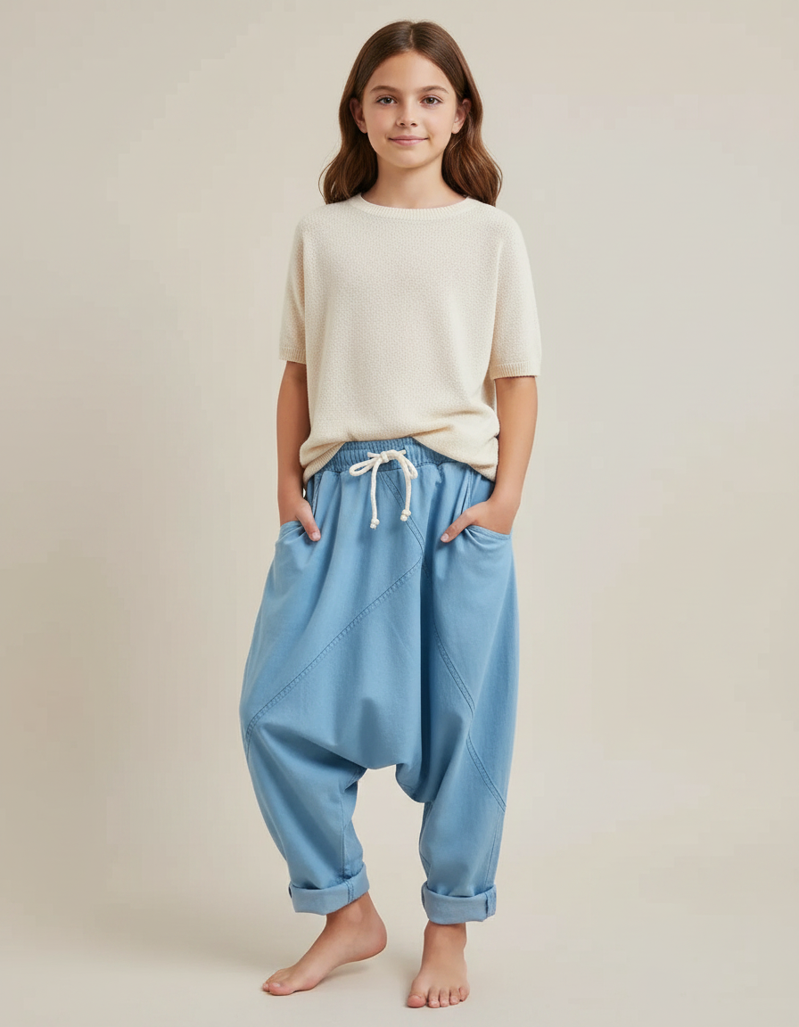 Pantalon Fluide Bleu Ciel Harem Coton Décontracté