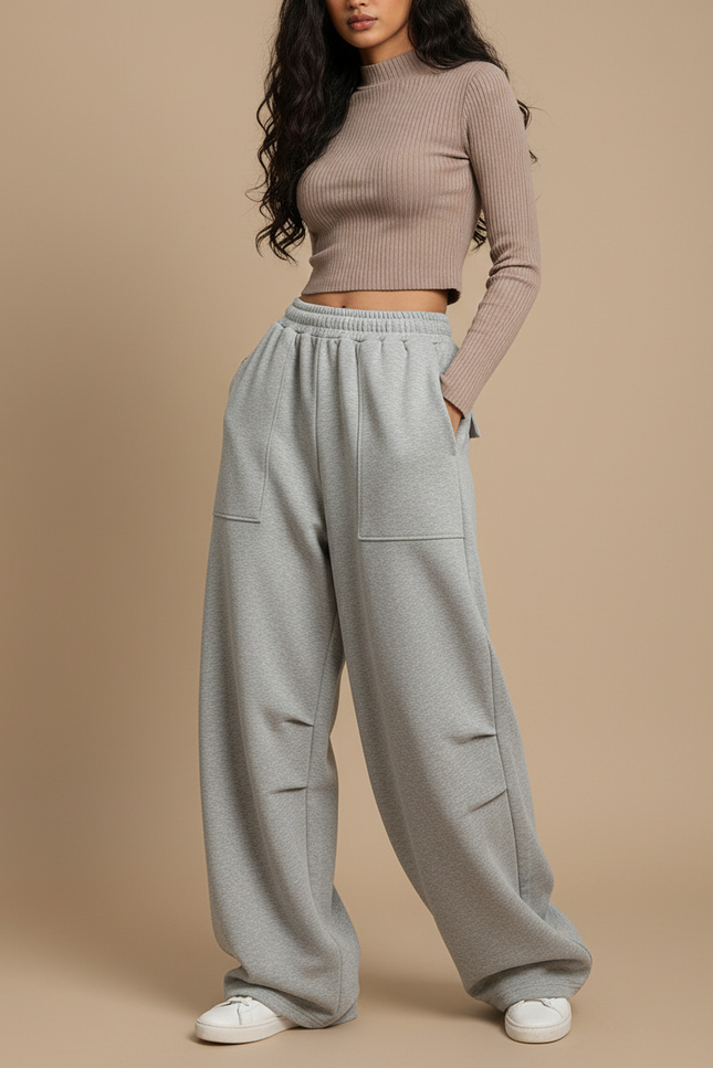 Pantalon Fluide Femme Gris Coupe Ample - Molleton