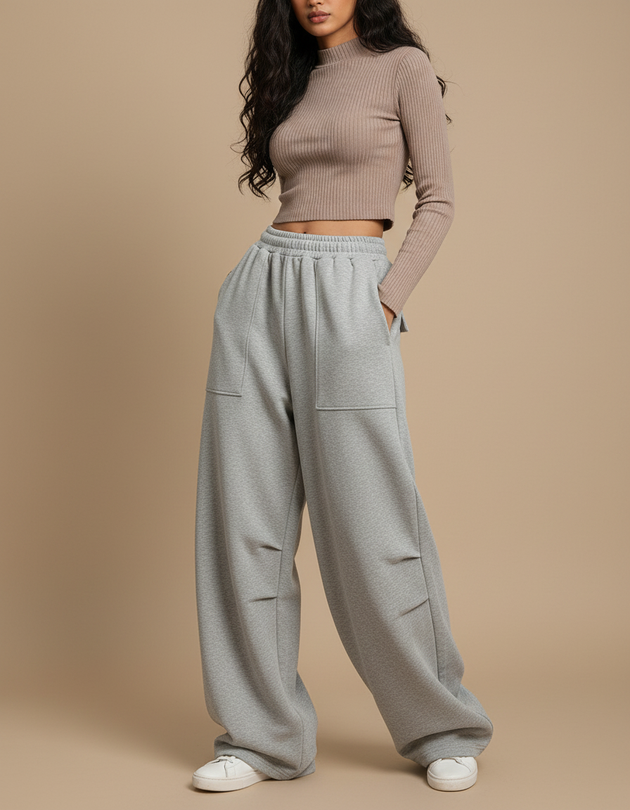 Pantalon Fluide Femme Gris Coupe Ample - Molleton