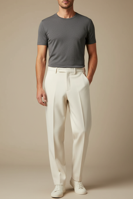 Pantalon Fluide Crème Laine Droit Formel Homme Élégant - Beige