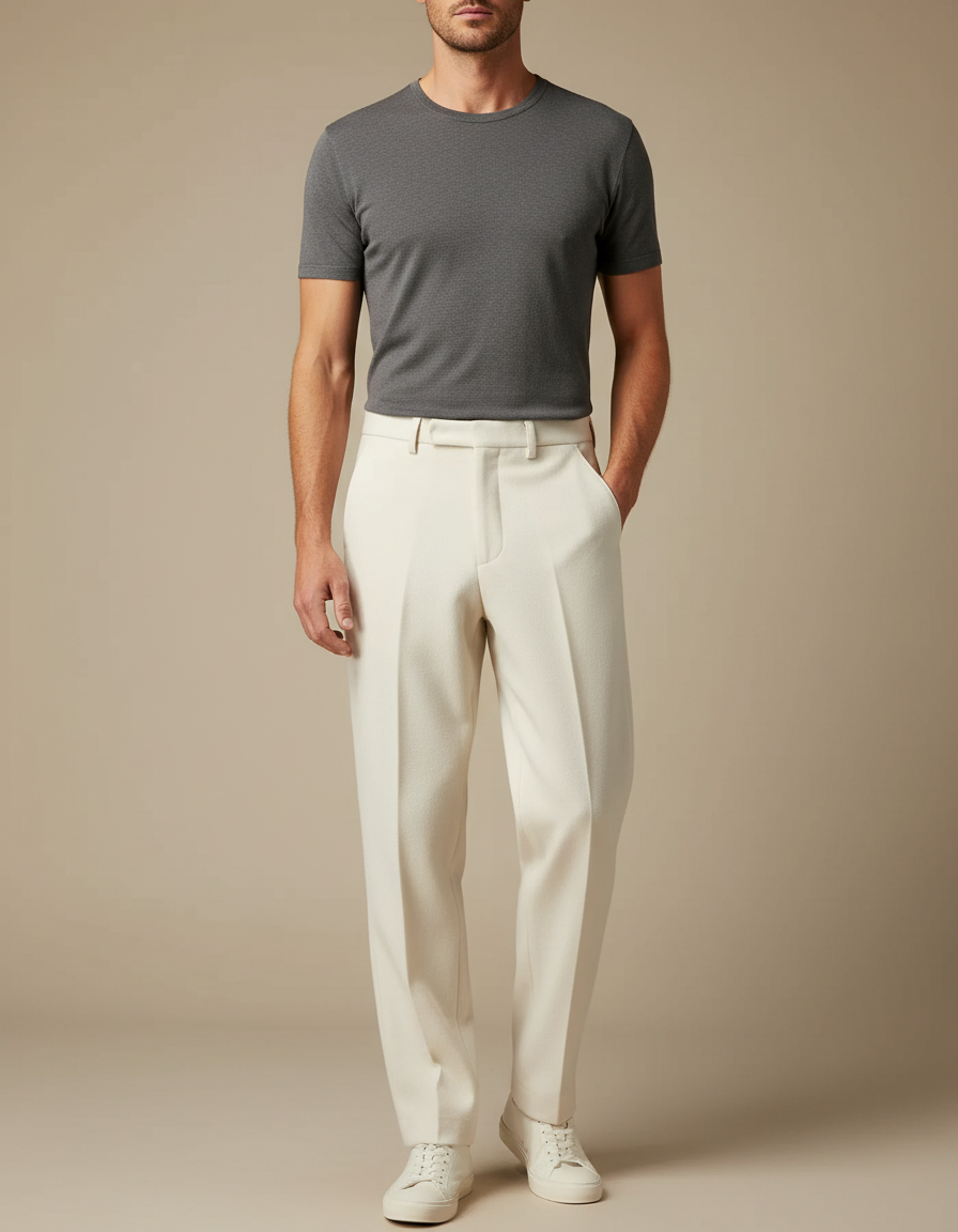 Pantalon Fluide Crème Laine Droit Formel Homme Élégant - Beige