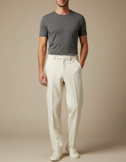 Pantalon Fluide Crème Laine Droit Formel Homme Élégant - Beige