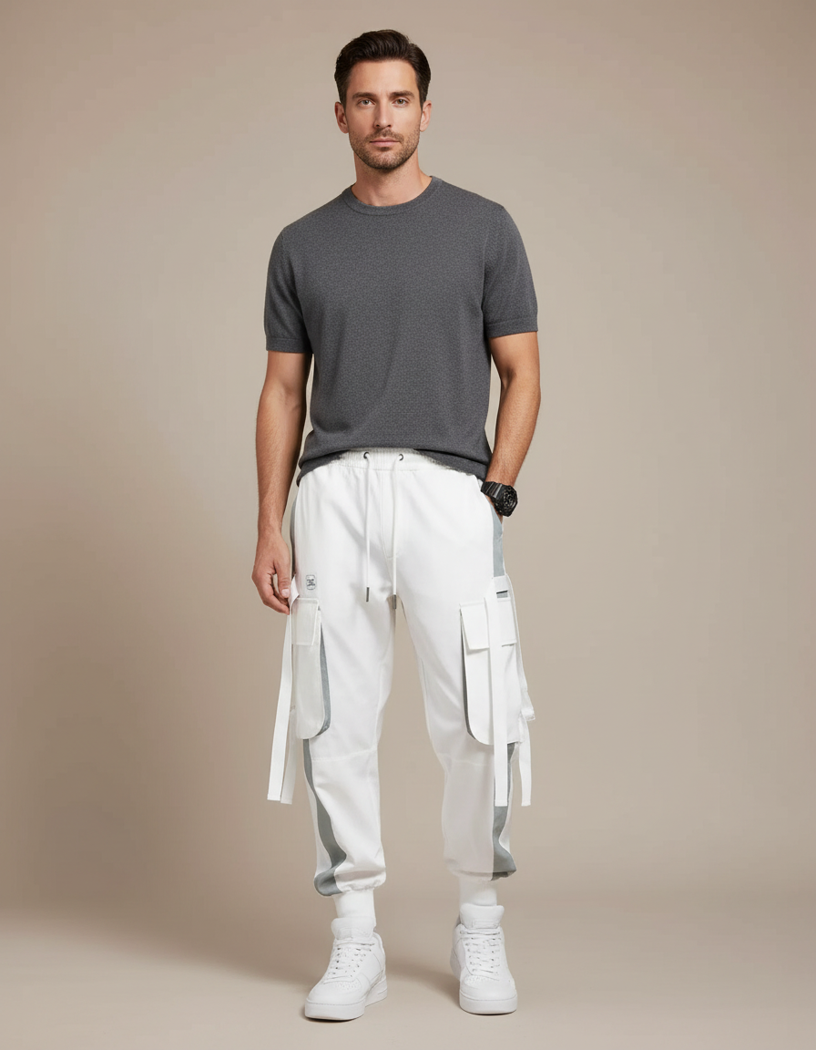 Pantalon Fluide Cargo Blanc Sport Homme - Polyester