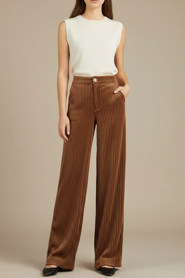 Pantalon Fluide Marron Côtelé Ample Taille Haute Élégant - Cordé