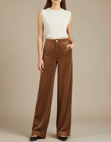 Pantalon Fluide Marron Côtelé Ample Taille Haute Élégant - Cordé