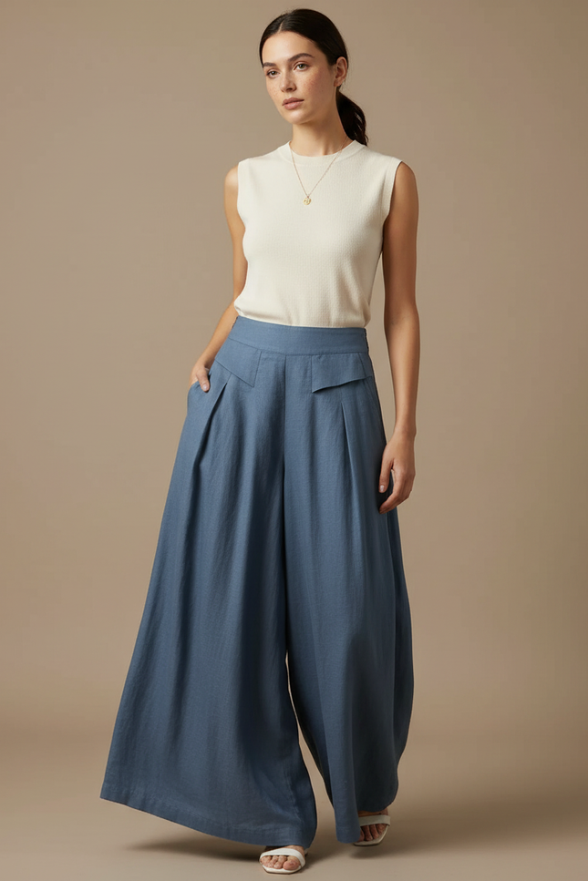 Pantalon Fluide Bleu Ciel Ample Lin Plissé Élégant