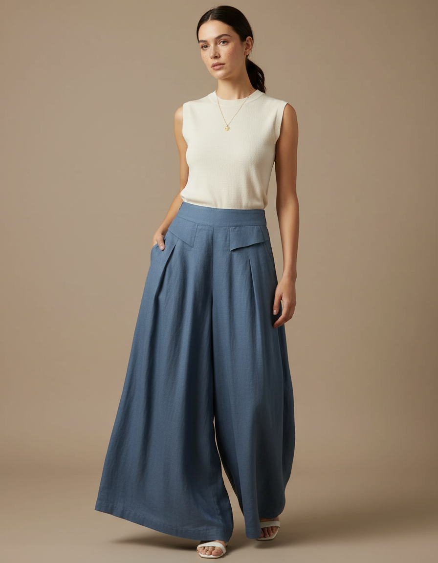 Pantalon Fluide Bleu Ciel Ample Lin Plissé Élégant