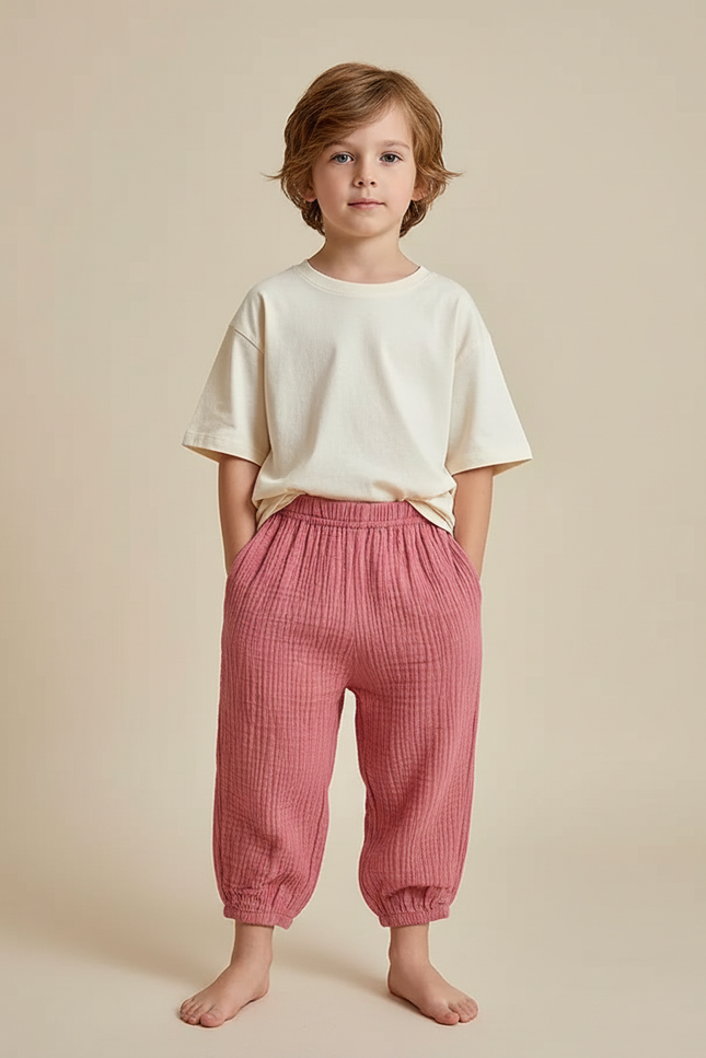 Pantalon Fluide Rose Coton Gaufré Ample Enfant