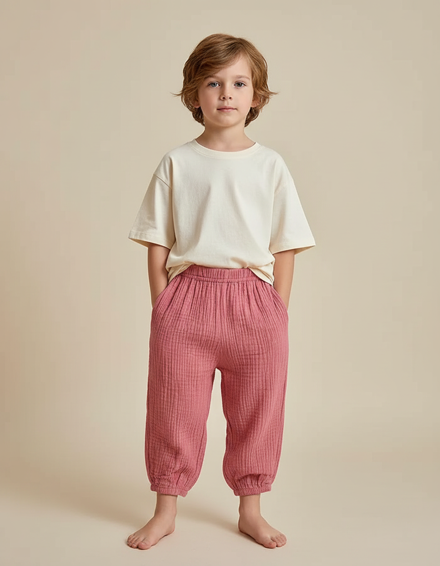 Pantalon Fluide Rose Coton Gaufré Ample Enfant