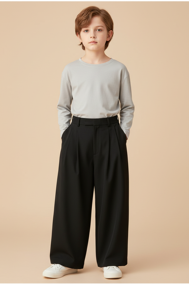 Pantalon Fluide Noir Ample Plissé Décontracté Enfant - Polyester