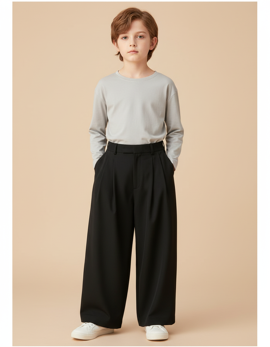 Pantalon Fluide Noir Ample Plissé Décontracté Enfant - Polyester