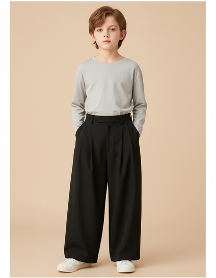 Pantalon Fluide Noir Ample Plissé Décontracté Enfant - Polyester