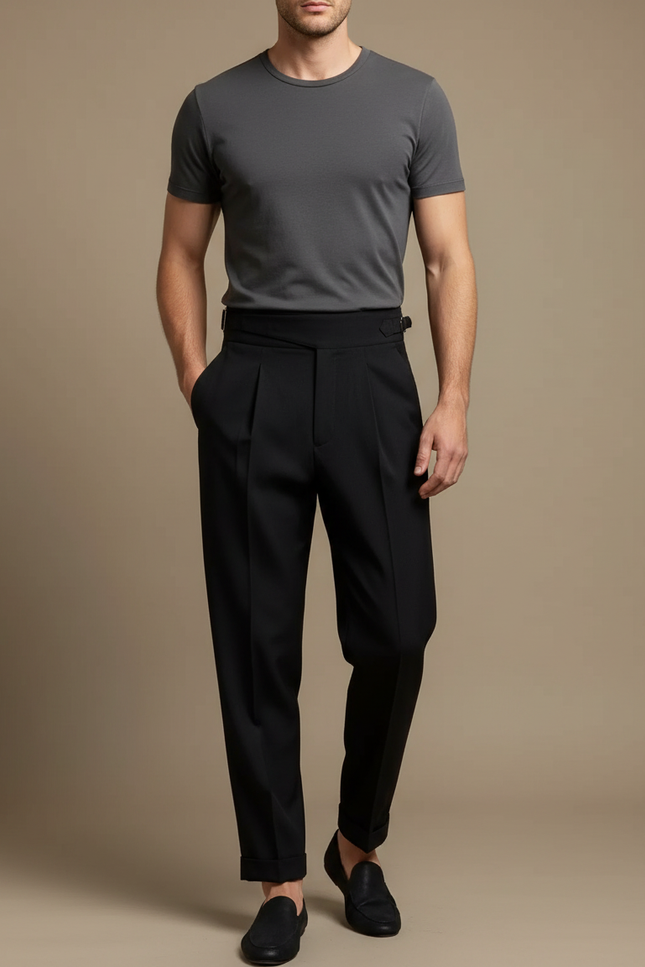 Pantalon Fluide Noir Ample Plissé Élégant Homme - Polyester