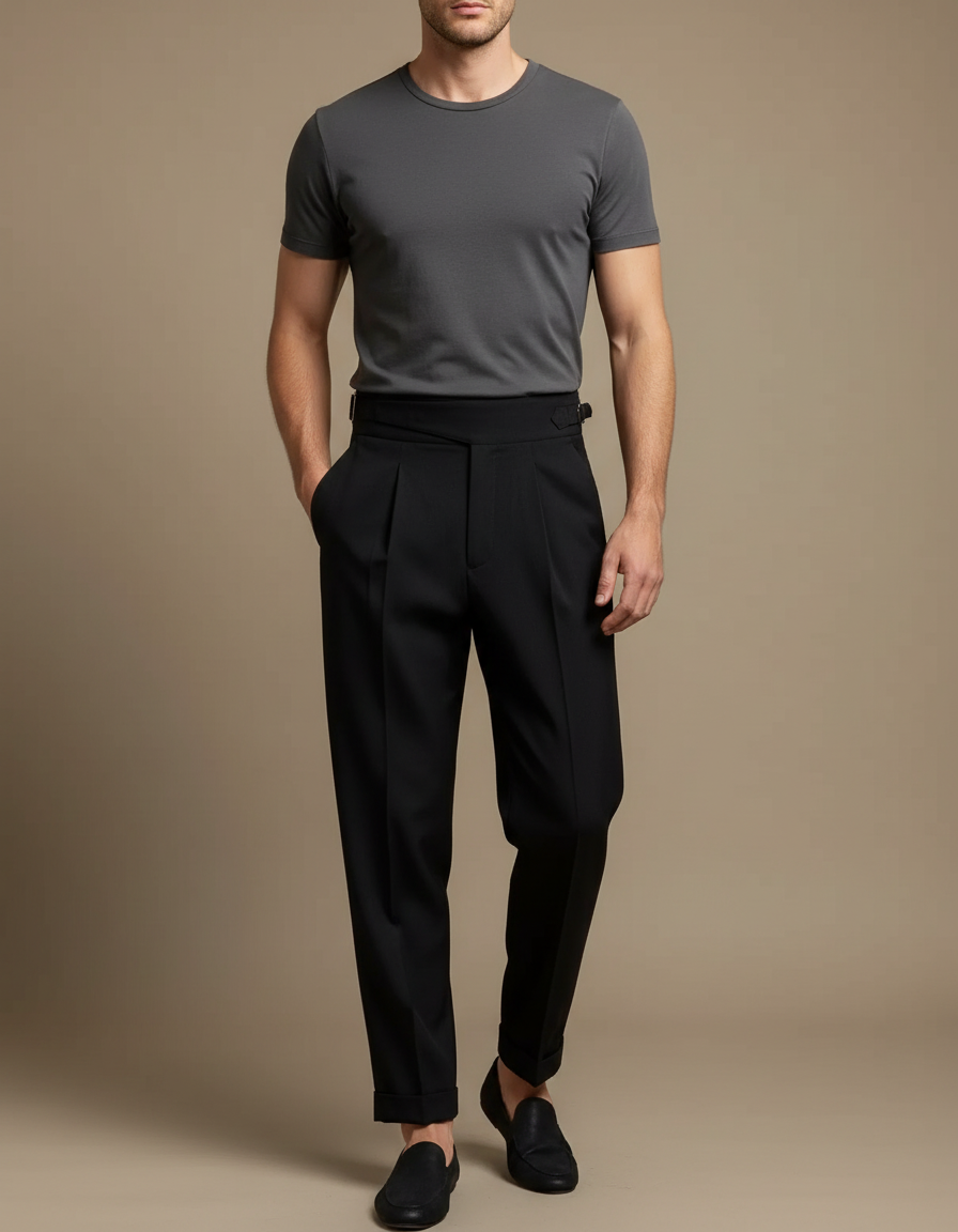 Pantalon Fluide Noir Ample Plissé Élégant Homme - Polyester