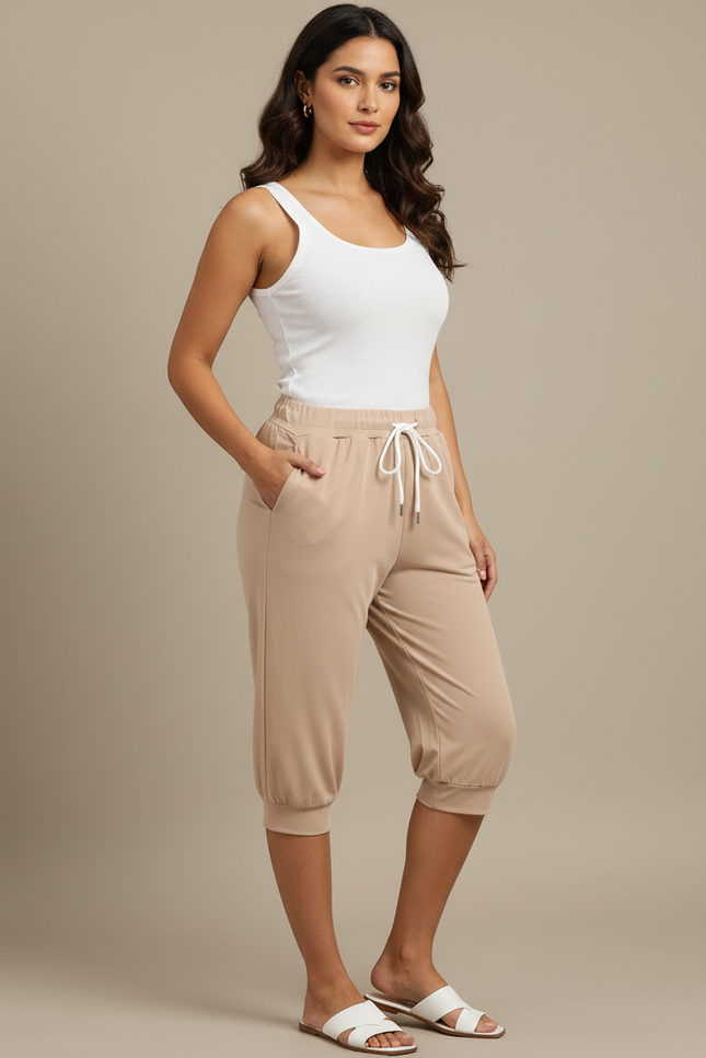 Pantalon Fluide Beige Cordon Coton Décontracté Capris - Viscose