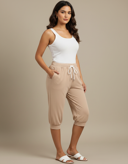 Pantalon Fluide Beige Cordon Coton Décontracté Capris - Viscose