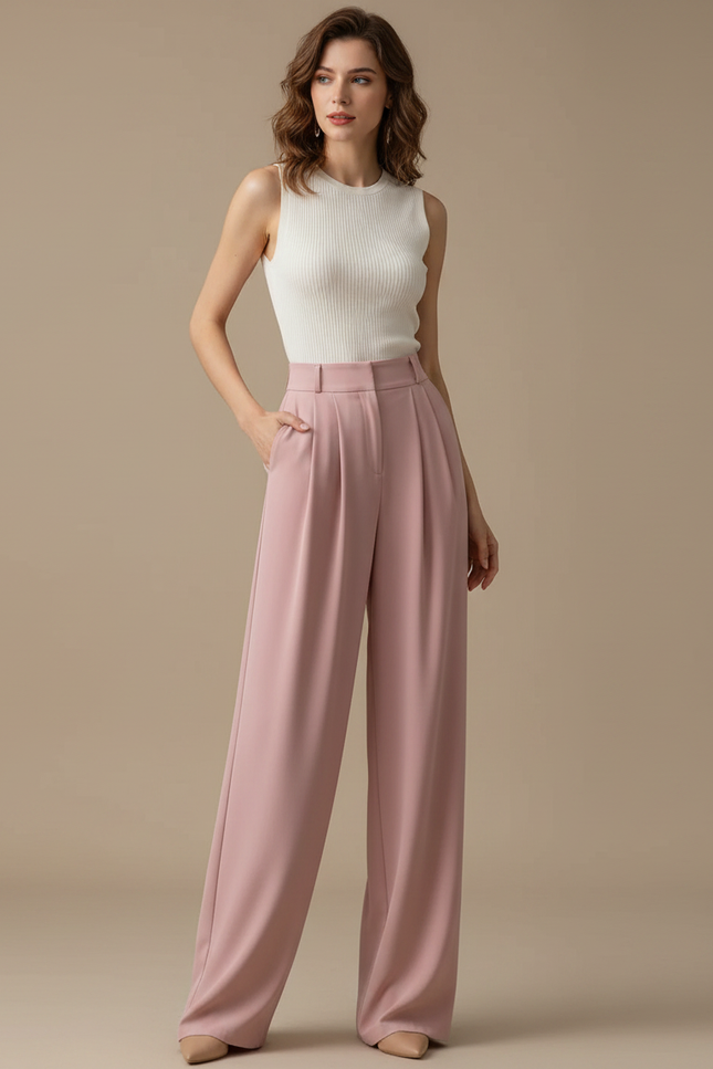 Pantalon Fluide Rose Taille Haute Ample Élégant - Polyester