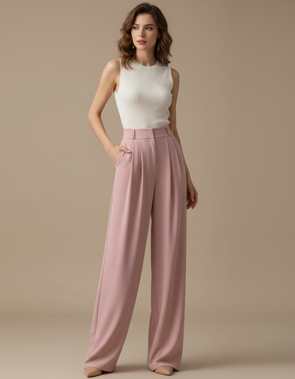 Pantalon Fluide Rose Taille Haute Ample Élégant - Polyester