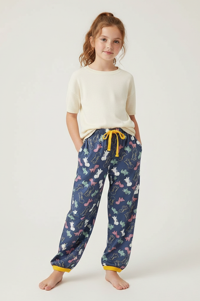 Pantalon Fluide Bleu Marine Imprimé Dinosaure Coton Enfant